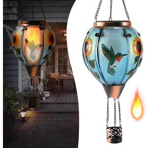 Hot Air Balloon Solar Lantern - Hummingbird Glass Lantern, Simulated Flickering & Dancing Flame, Outdoor Hanging Sunflower Yard Light Waterproof IP65 for Patio Lawn Porch Decor Gift