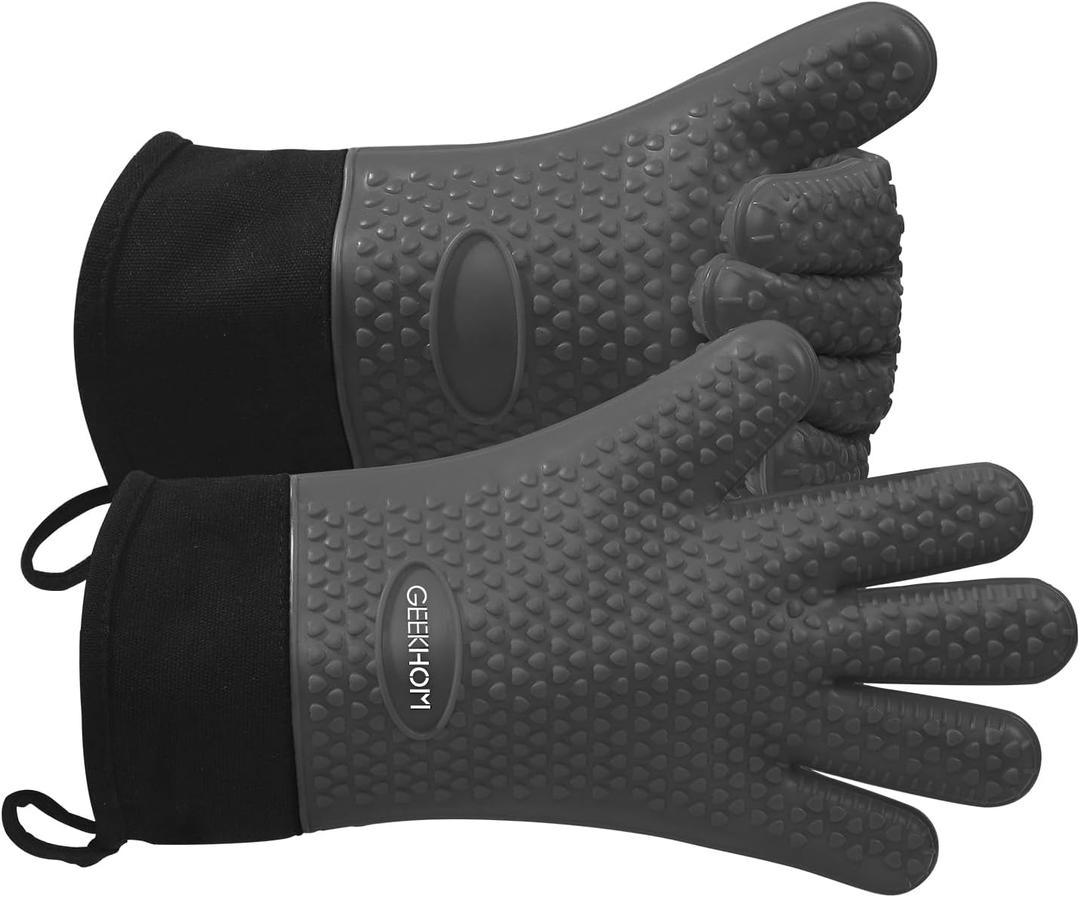 GEEKHOM BBQ Gloves Heat Resistant Oven Mitts - Silicone Grilling Gloves with 13.7" Arm Protection - Waterproof Pot Holder Non-Slip for Men & Women, Kitchen Outdoor Cooking, Baking, Camping, Gray L