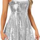 Allegra K Women Sequin Mini Dresses Party Club Adjustable Spaghetti Strap Festival Outfits Sparkly Disco Dress (Gray, L)