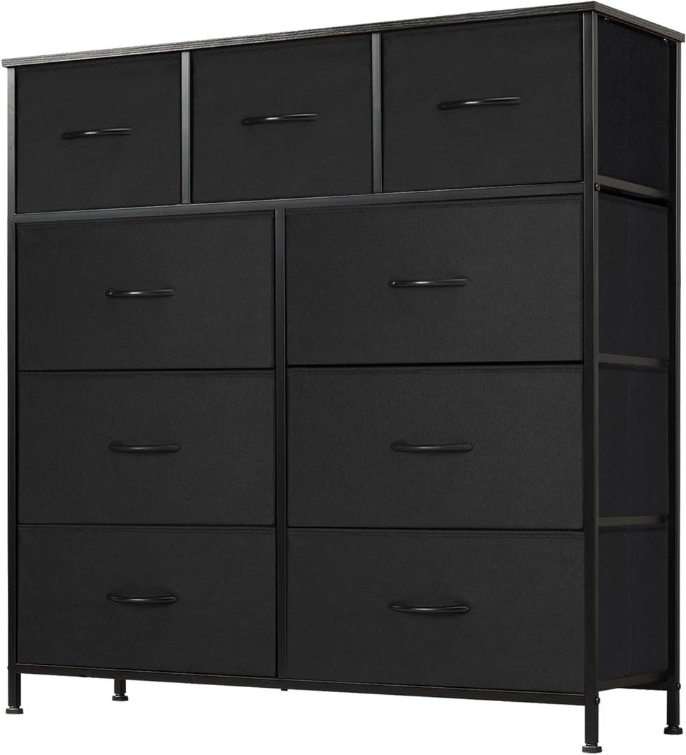 DUMOS Dresser for Bedroom, Storage Organizer with 9 Drawers, Chest of Drawers with Fabric Bins, Sturdy Metal Frame, Wood Tabletop for Guest Room, Closet, Entryway, Nursery (Black)