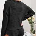 Ekouaer Womens Waffle Knit Pajama Sets Long Sleeve Top and Shorts Matching Lounge Set Loungewear Sweatsuit with Pockets (Black, M)