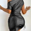 SISKIN Summer Dresses for Women 2025, Prom Cocktail Club Dresses for Women, Sexy Bodycon Black Metallic One Shoulder Asymmetrical Ruched Drawstring Short Sleeve Dress Black L