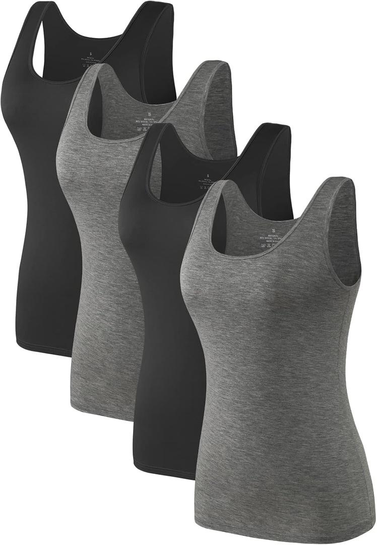 Air Curvey 4 Pack Tank Top for Women Basic Undershirt Tanks Sleeveless Casual Shirts Soft Seamless Layering Tops (Black, L)