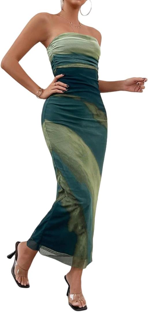 LIGHT DOT Women's Summer Maxi Dress Tie Dye Strapless Tube Bodycon Side Slit Mesh Layered (Large, Green)