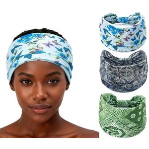 XEF Headbands for Women Bohemian Wide Floral Thick Hair Band No Slip Gym Elastic Twist Knot Athletic Headband Sweatbands Fashion Hair Accessories for Teen Girls