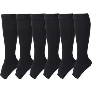 Open Toe Toeless Compression Socks 6 Pairs for Women Men 15-20 mmHg Calf Support Compression Sleeve (S/M, Black)