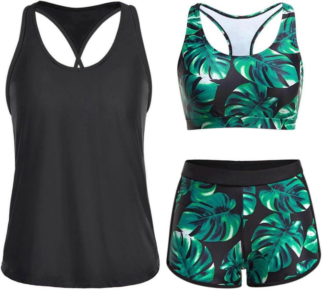 Yonique 3 Piece Athletic Tankini Swimsuits for Women with Shorts Swim Tank Tops with Sports Bra and Boyshorts Bathing Suits (Medium, Black and Green Leaves)