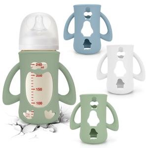 BUSOHA 3 Pack Silicone Sleeves for Pigeon Bottle - Baby Bottles Sleeves Compatible with Pigeon Glass Bottles Anti Breakage Baby Bottle Holder with Handle(White+Blue+Green,8.1 OZ)