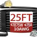 25 FT 10 Gauge Extension Cord Outdoor, Heavy Duty Weatherproof & Flame Retardant Black 3 Prong Power Cord with Light, Outside for Lawn & Garden, 15 Amps 1875 Watts 125 VAC 10AWG SJTW, ETL Listed