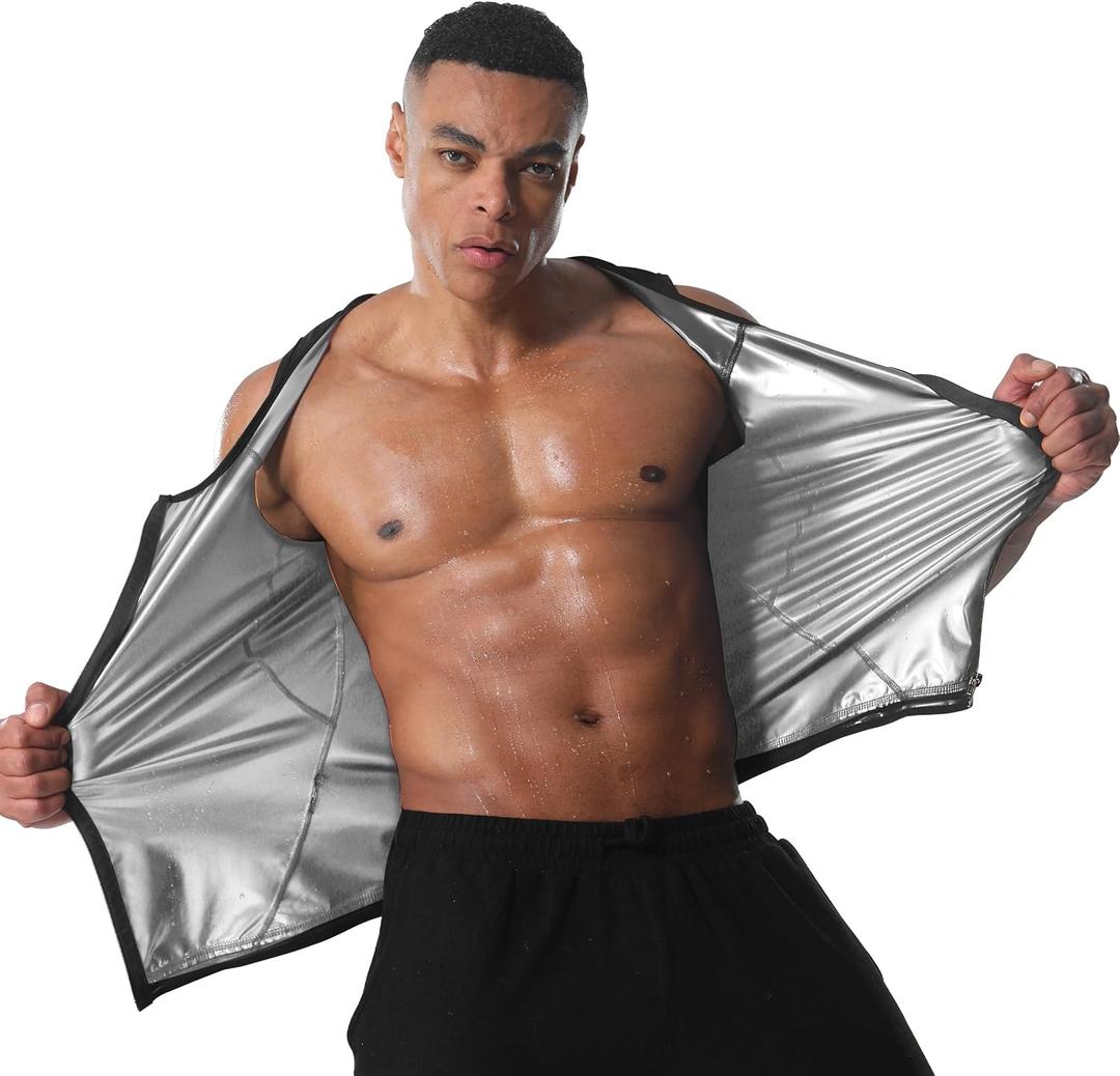 Sauna Vest for Men Workout Zipper Shirt Slimming Body Shaper Waist Trainer Tank Top for Fitness Gym Exercise Running (Small-Medium, Silver)