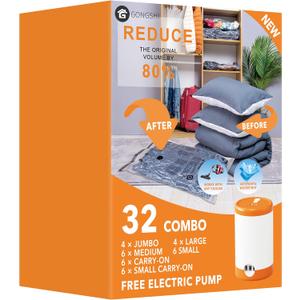 GONGSHI Vacuum Seal Bags for Clothing Travel & Home Storage, Travel Vacuum Bags with Electric Pump,Space Saver for Blankets, Comforters, Pillows, Clothes,32 Combo