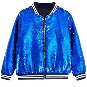 CHENBAO Girls Sequin Jackets Kids Varsity Glitter Bomber Jacket Zip Up Coat Sparkle Outwear Birthday Clothes Valentines Easter Royal BlueB 13-14 Years