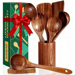 KAQISE 4Pcs Set of Wooden Kitchen Utensils with Holder & Spoon Rest, KAQISE Wooden Spoons&Spatulas for Cooking, Teak Utensils Set for Cooking, Handcrafted Nontoxic Wood Cooking Utensils for Xmas Gifts