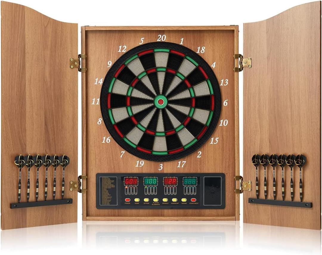 Electronic Dart Board Cabinet Set, 12 Soft Tip Darts, Electric Dart Boards for Adults, Digital Dart Board with Integrated Scoreboard for Family Game Rooms, 14.9 Inches X 18.9"