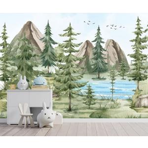 YQWDMX -Watercolor Green Pine Mural Cartoon Forest Fabric Wallpaper Children's Room 100" x 65"(Not Peel and Stick)