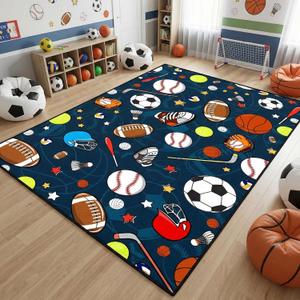 Sport Rug for Kids, Basketball Football Soccer Rug 4.5x6 ft, Sports Rugs for Boys Bedroom, Soft Play Floor Carpet
