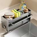 Kitchen Sink Organizer Sponge Holder:Sink Caddy with Dishrag Holder,Rustproof Carbon Steel with Auto-Drain,Dish Sponge & Soap Dispenser Towel Rack for Kitchen Countertop Storage, Grey