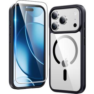 FNTCASE for iPhone 17 Pro-Max Case: Clear Magnetic Phone Cases with Screen Protector Compatible with Magsafe Slim Anti Yellowing Rugged Shockproof Protective Transparent Cell Cover (B-Black)