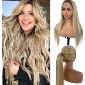 Balayage Ash Blonde 13x6 HD Lace Frontal Wig 18 Inch Human Hair 150% Density Golden Brown to Light Blonde Ombre Highlight Real Hair Transparent Pre Plucked with Baby Hairs Glueless for Women