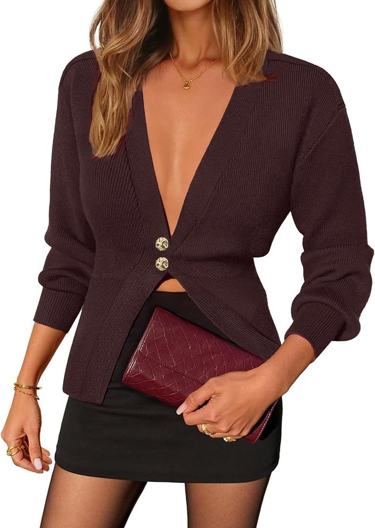 Womens Cardigan Sweaters Deep V Neck Button Up Sweaters Dressy Open Front Fall Knit Cardigans Top Shrugs for Women (Small, Brown)