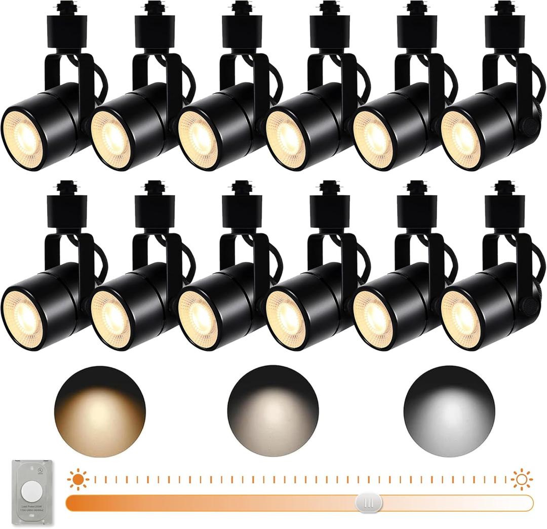 12PCS Dimmable LED Track Lighting Heads with Dedicated Dimmer and Replaceable GU10 Bulbs, Black 3CCT Ceiling Spotlight Fixtures for Accent Lighting for Home, Store, Moblie Cart Black