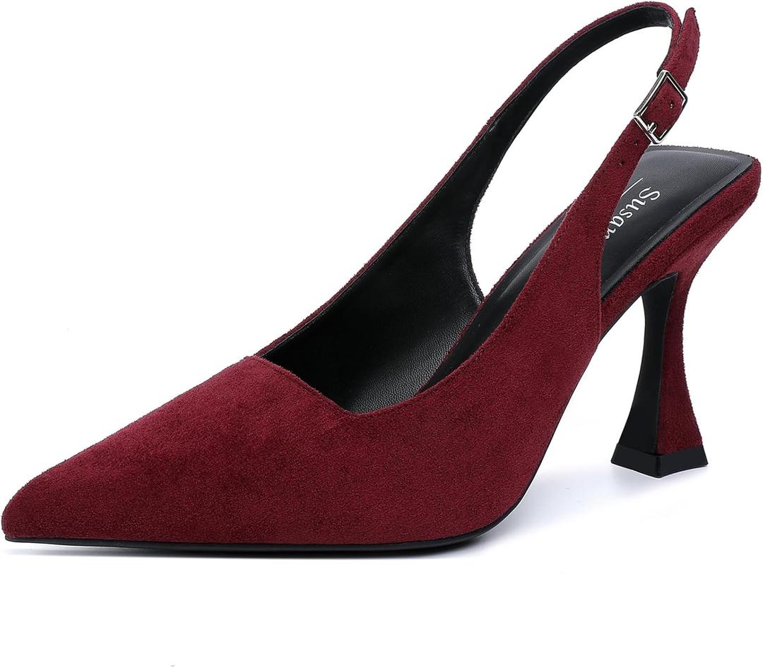 Susanny Slingback Kitten Heels Elegant Dressy Pumps for Women Closed Pointy Toe Sexy Chunky High Heels Wedding Bride Prom Party Dress Shoes (Red)