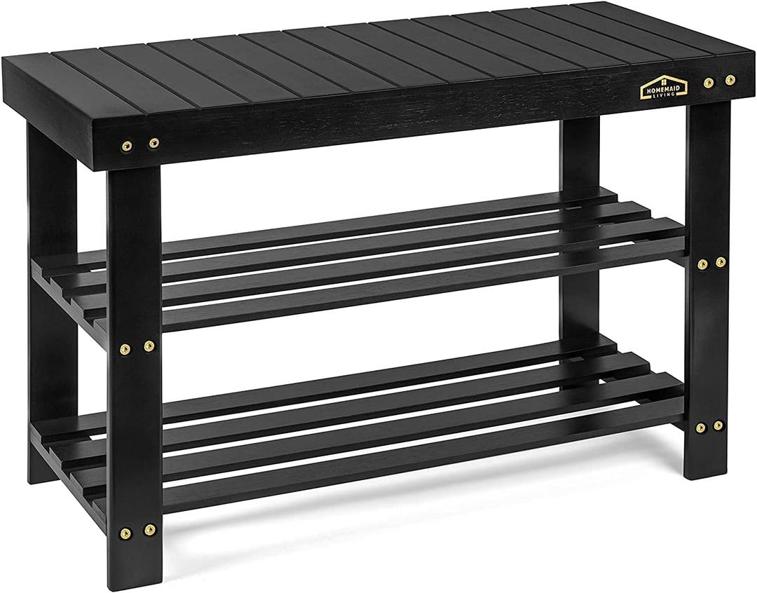 Bamboo 3 Tier Shoe Rack Bench, Premium Shoe Organizer or Entryway Bench, Perfect for Shoe Cubby, Entry Bench, Bathroom Bench, Entryway Organizer, Hallway or Living Room(Black), Large