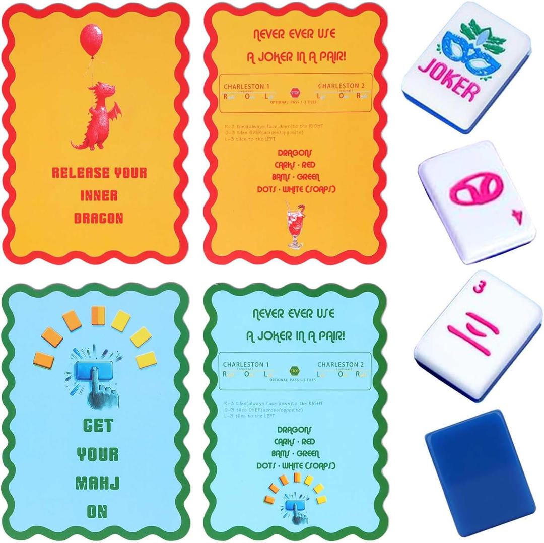 Adkoat 4PCS Mahjong Shuffler Cards with Rules - Tiles Mixing & Shuffling | Portable Mah Jongg Accessories and Gifts for Party Supplies Waterproof Mahjongg Flipper with Funny Saying for Beginner