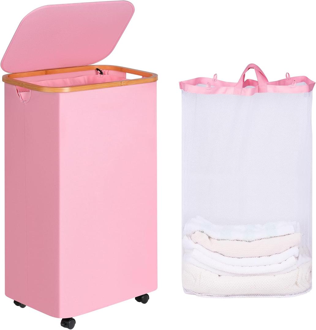 Laundry 110L Hamper with Wheels,Clothes Hamper for Laundry,Laundry Basket with Lid and Inner Bag, for Laundry Room, Bedroom, Dormitory Storage,Pink
