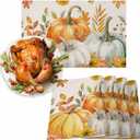Fall Orange Pumpkins Placemats Set of 4 Watercolor Autumn Leaves Linen Texture Thanksgiving Washable Place Mats Non-Slip Heat Insulation Cotton Blend Table Mats for Kitchen Dining Party, 13"x19"
