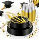 350pcs Black and Gold Dinnerware Set for 50 Guests, Graduation Plates, Black Plastic Plates with Gold Rim for Party -50 Dinne/Dessert Plates, 150 Silverware Set,50 Napkins and Cups
