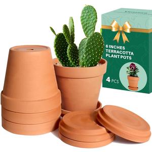 vensovo 6 Inch Terracotta & Clay Pots for Plant with Saucer - 4 Pack Medium Terra Cotta Planter with Drainage Hole, Flowerpot for Indoor Outdoor Plants, Crafts, Wedding Favor (Brown)