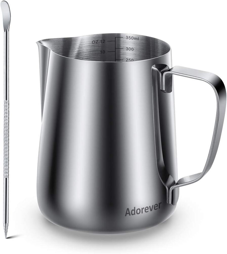 Milk Frothing Pitcher, Thicker Version 350ml 12oz Steaming Pitchers Stainless Steel Milk Coffee Cappuccino Latte Art Barista Steam Pitchers Milk Jug Cup with Decorating Pen