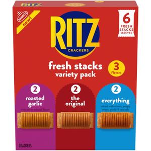 RITZ Fresh Stacks Original, Everything, and Garlic Butter Crackers Variety Pack, Travel Snacks, 8.85 oz (6 Multi Snack Packs) BBD: 08/12/2026