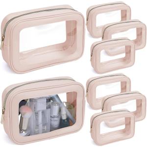 8 Packs TSA Approved Toiletry Bags Clear Toiletry Bags for Travel PVC Makeup Pouch Waterproof Quart Size Clear Cosmetic Bag with Zipper for Airport Airline Compliant Bag Women Men Travel Bathroom (Pink)