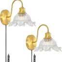 Brushed Gold Plug in Wall Sconce Set of 2, Vintage Plug in Sconce with 7.9 in Clear Glass Shade, Modern Wall Light for Bedroom, side of bed, Hallway, Home Decor, 6.23 FT Adjustable Cord, E26 Base