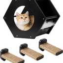 Cat Shelves with 3 Steps Scratcher Post & Hammock - Wall Mounted Climbing Shelf for Indoor Cats (Black)
