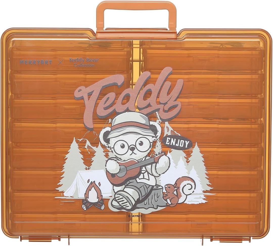 Naivees Photo Containers Storage Case Teddy Storage Box 4" x 6" Plastic Cartoon Organizer with 16 Inner Photo Containers Boxes for Photos,Cards,Pictures (Camping Brown)