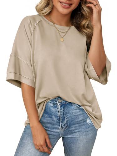 Cicy Bell Womens Oversized T-Shirts Summer Crew Neck Half Sleeve Tunic Tops Casual Loose Fit Basic Tee Shirt Light Khaki Medium