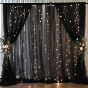 20x10ft Black Tulle Backdrop Curtain with Lights String for Parites, Sheer Backdrop Curtains for Wedding Baby Shower Birthday Party Photo Shoot Decorations (20ft x 10ft(4 Panels 5*10ft))