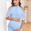 CYCLAMEN Maternity Mermaid Maxi Dress Ruched Cold Shoulder Halter Neck Formal Pregnancy Gown Baby Shower Photoshoot (Blue, XL)