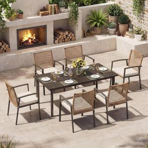 EO Living 7 Pieces Patio Dining Set, Outdoor Furniture Set of 6 Chairs with Soft Cushion and Rectangular Table with Umbrella Hole, Outdoor Dining Set for Backyard, Garden and Poolside
