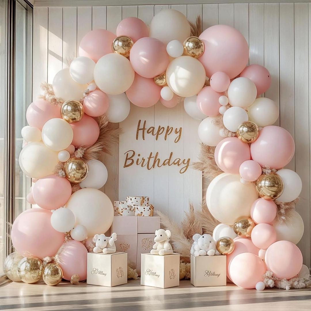 Pink Beige White Balloons Arch Kit - 144 pcs Light Pastel Pink Beige Sand White Chrome Gold Bobo Balloons for Engagement Wedding Bridal Shower Birthday Princess Party Decorations