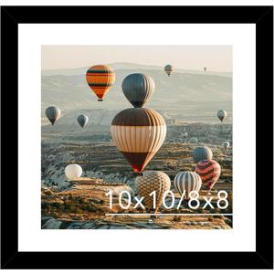 10x10 Picture Frame With Mat, Display 8x8 With Mat or 10x10 Without, Wood Square Photo Frame for Wall Hanging, 1 Pack, Black