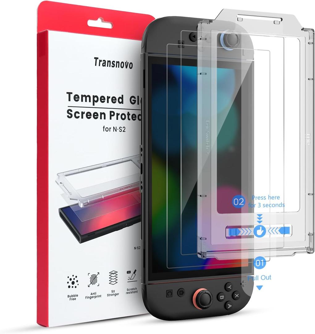 2 Pack Screen Protector Compatible with Nintendo Switch 2 (2025) (30s Installation), TRANSNOVO Tempered Glass Switch2 Accessories, HD Clear, Anti Glare, 9H Hardness, Scratch-proof, Bubble Free (HD Clarity, 2-Pack)