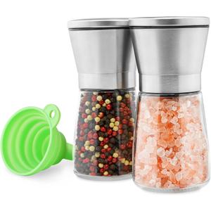 Stainless Steel Salt and Pepper Grinder Set of 2 - Pepper Mill & Salt Mill with Adjustable Coarseness - Glass Spice Shakers - Easy Clean Ceramic Grinders W/Funnel