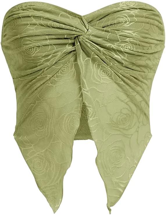 Meladyan Woman Twist Knot Front Split Embroidery Lace Crop Tube Tops Ruched Sheer Mesh Strapless Solid Crop Bandeau Tank Top Green