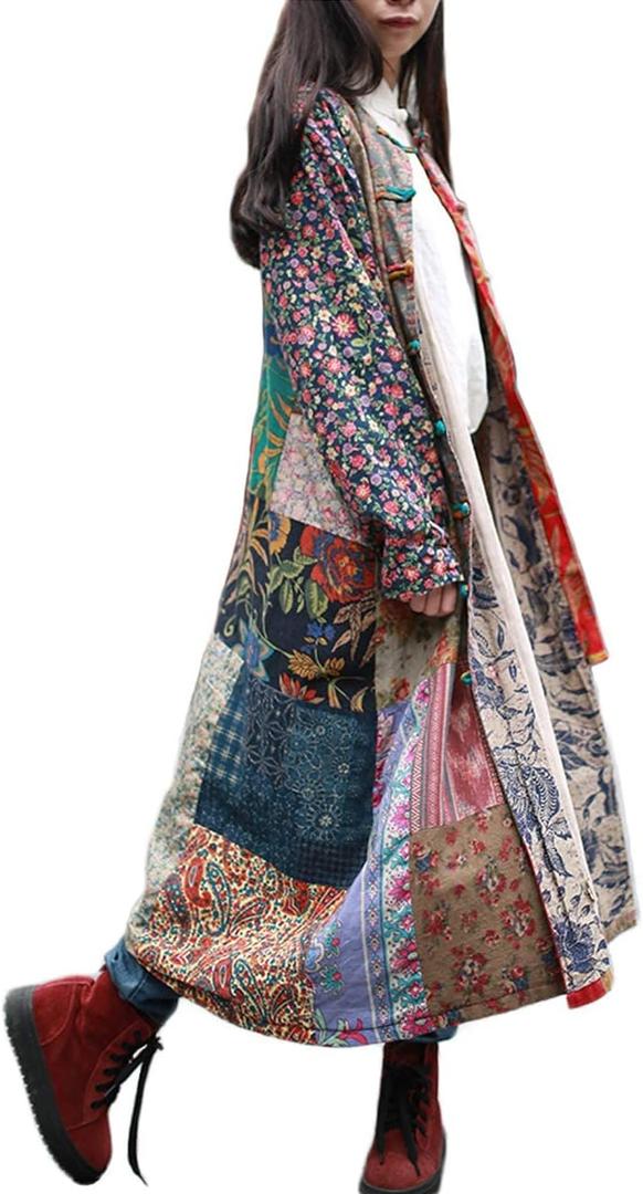 LUZU JUNU Women's Trench Coat Floral Print Long Cotton Linen Jacke Cottagecore Clothing Patchwork Outwear Bohemian unique