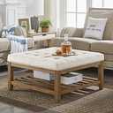 24KF Large Square Upholstered Tufted Linen Ottoman Coffee Table, Large Footrest Ottoman with Solid Wood Shelf-Ivory