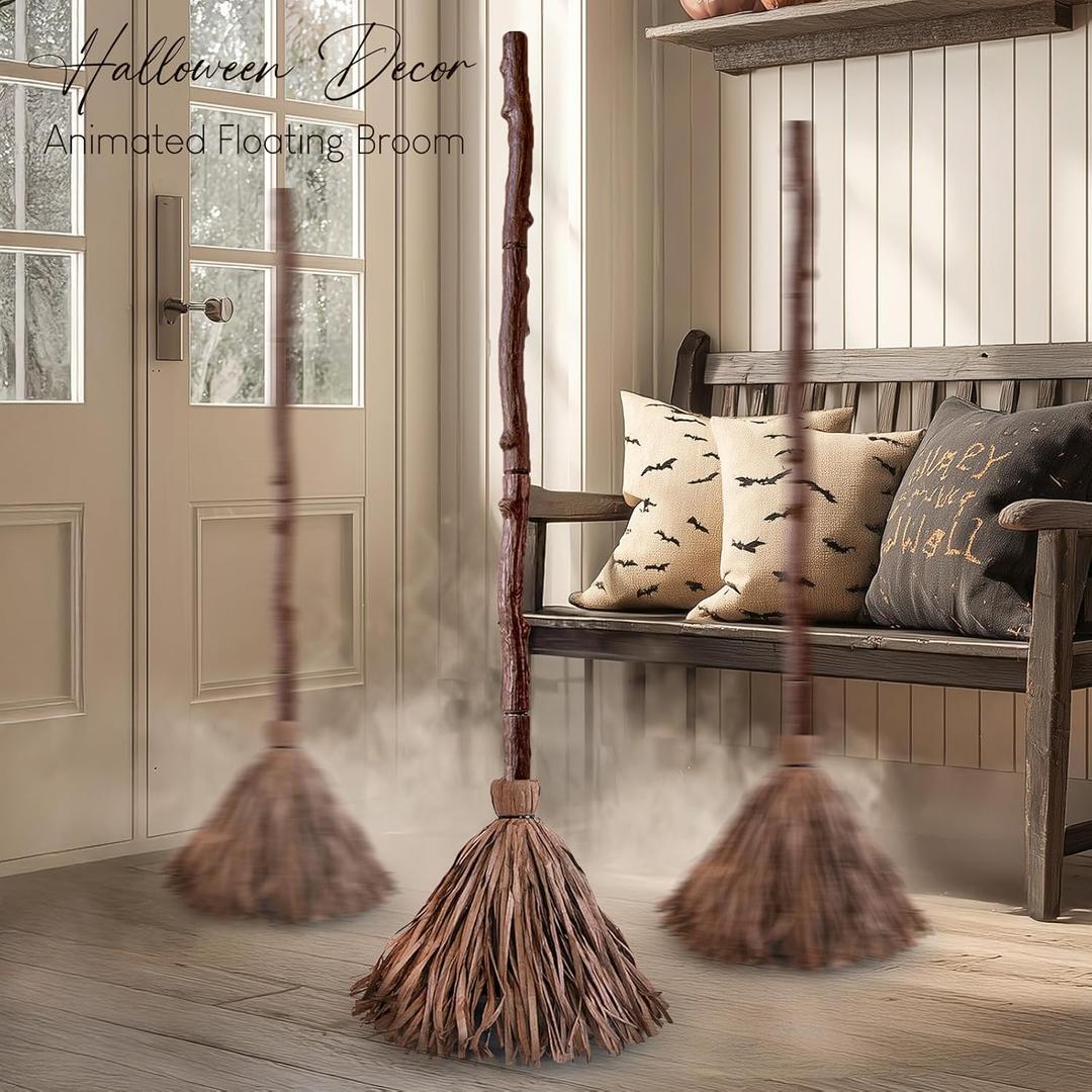 Halloween Decorations - 47" H Animated Floating Broom with Remote Control & Sound Needed to Activate - Magic Witch Broom for IndoorHome Decoration - Halloween Decor Props for Bedroom Living Room